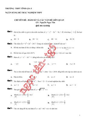 Ngân hàng đề trắc nghiệm Giải tích 12 - Hàm số và các vấn đề liên quan - Nguyễn Ngọc Tân